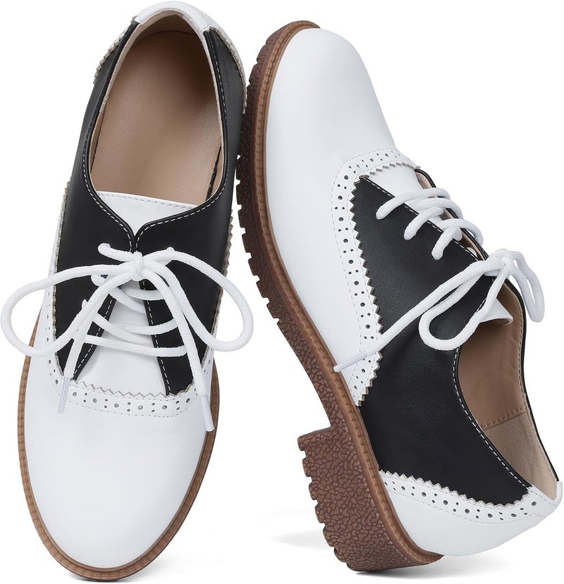 mikarka Vintage Oxford Shoes for Women Perforated Wingtips Brogue Oxfords Low Chunky Heel Lace Up Saddles Dress Pumps Shoes - Image 1